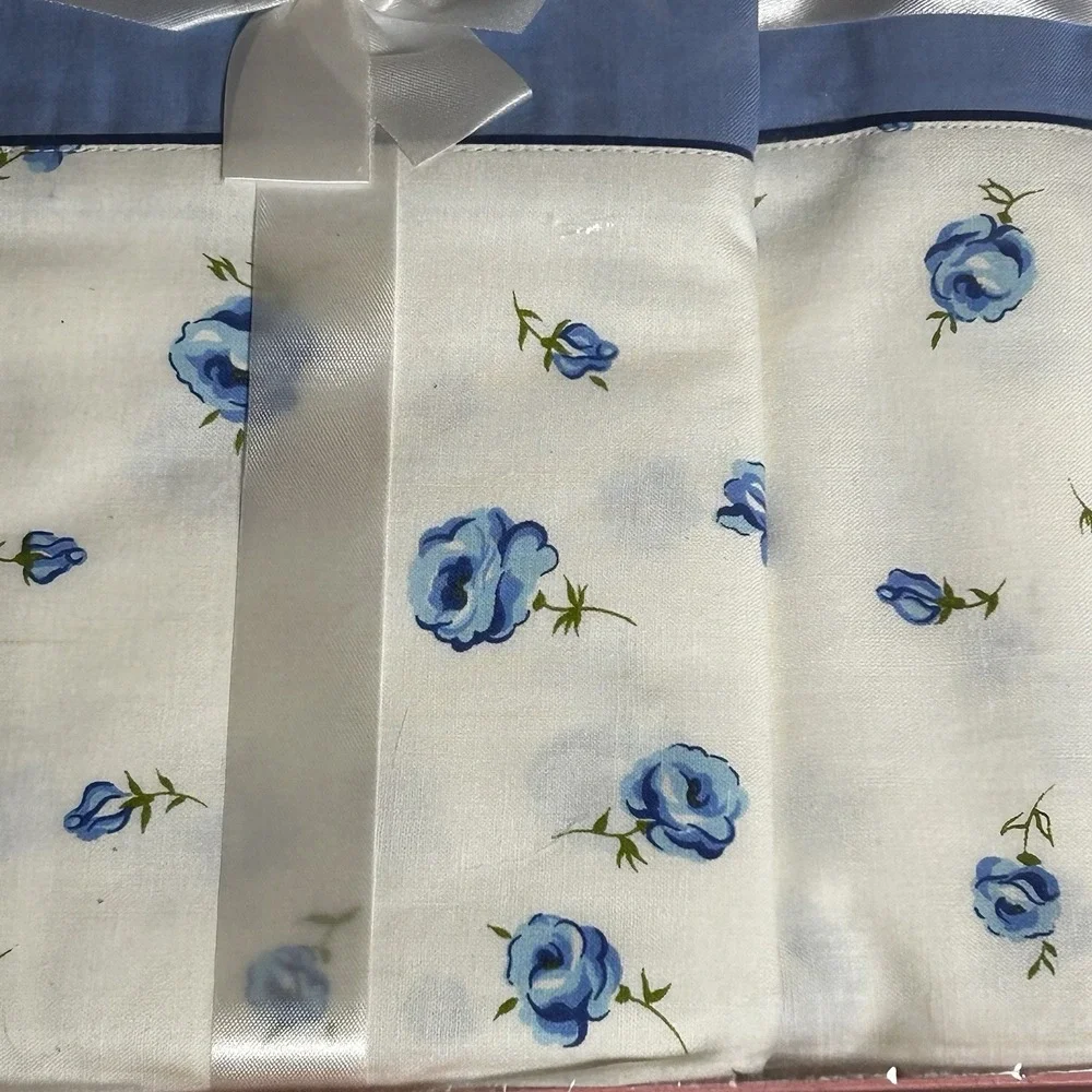 Vtg Lady Pepperell Fine Muslin Full Sheet Set Blue Floral Rose MCM 1950s NOS Box